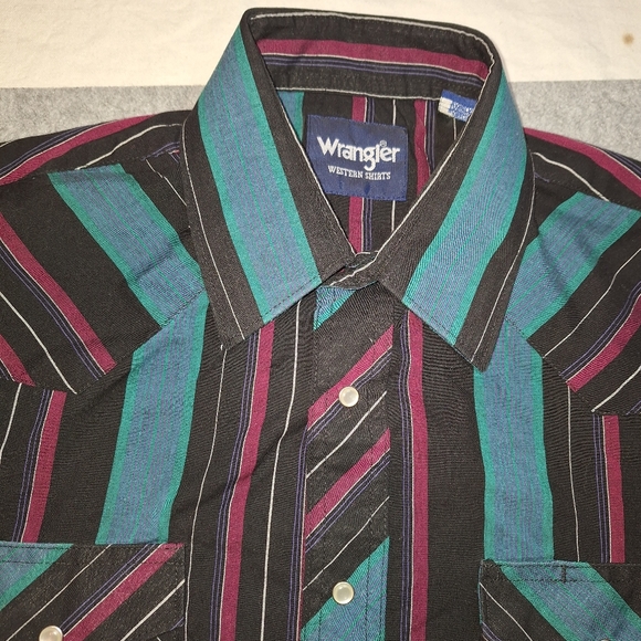 Wrangler Men's Black and Teal Striped Shirt Snap Buttons - Picture 1 of 7